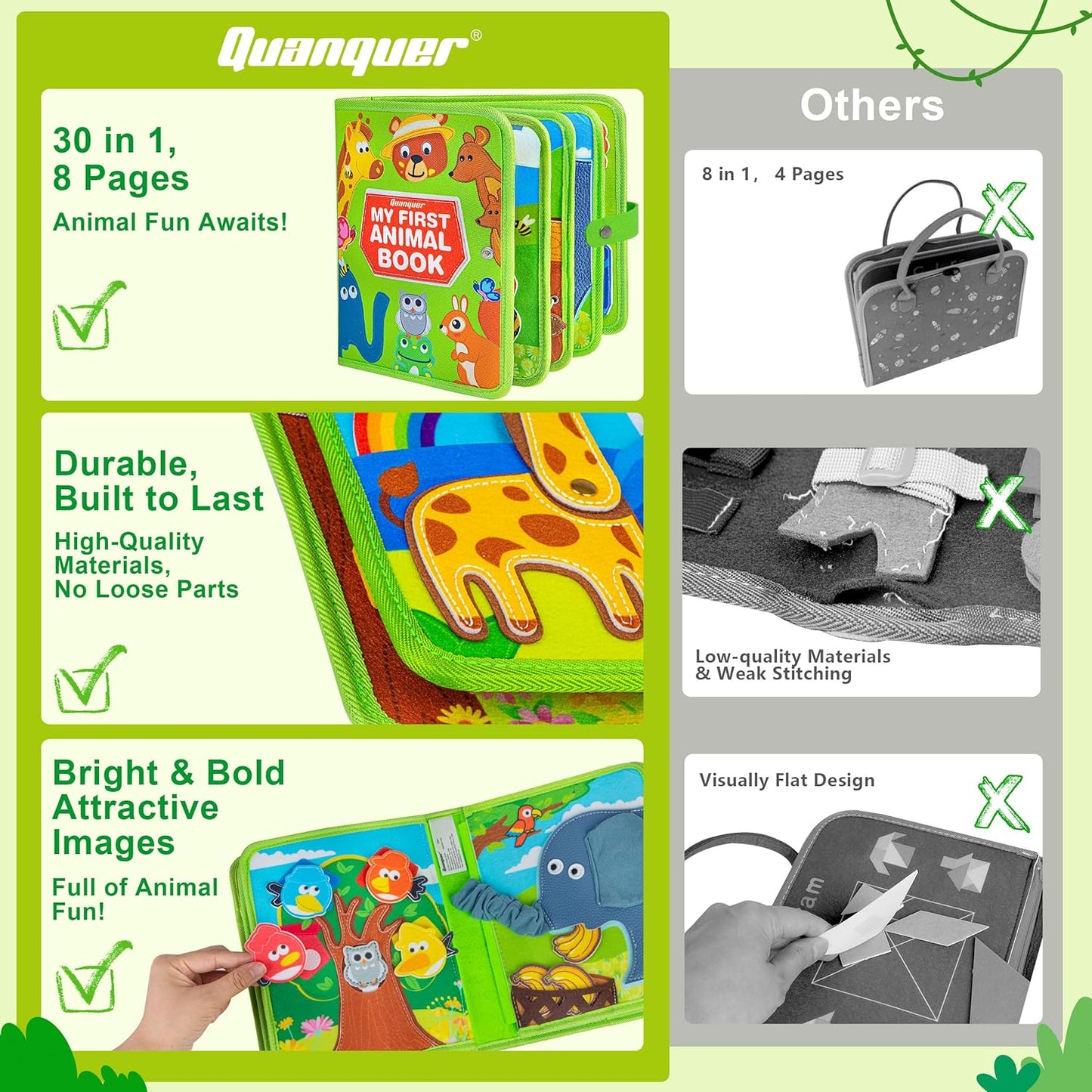 Quanquer Montessori Busy Book for Toddlers 1-3 - Farm Animal Sensory Busy Board for 1 Year Old Boys and Girls, Educational Travel Toy for Airplane Car Activities, Birthday Christmas Toddler Gifts