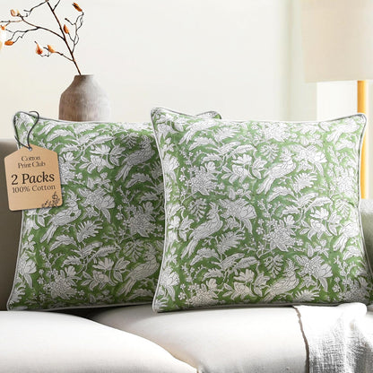 CPC 100% Cotton Throw Pillow Covers 18x18 Inch, Set of 2 Green Block Print Pattern Couch Pillow, Cute Boho Decorative Pillows for Living Room, Bedroom with Hidden Zipper- Agate Green