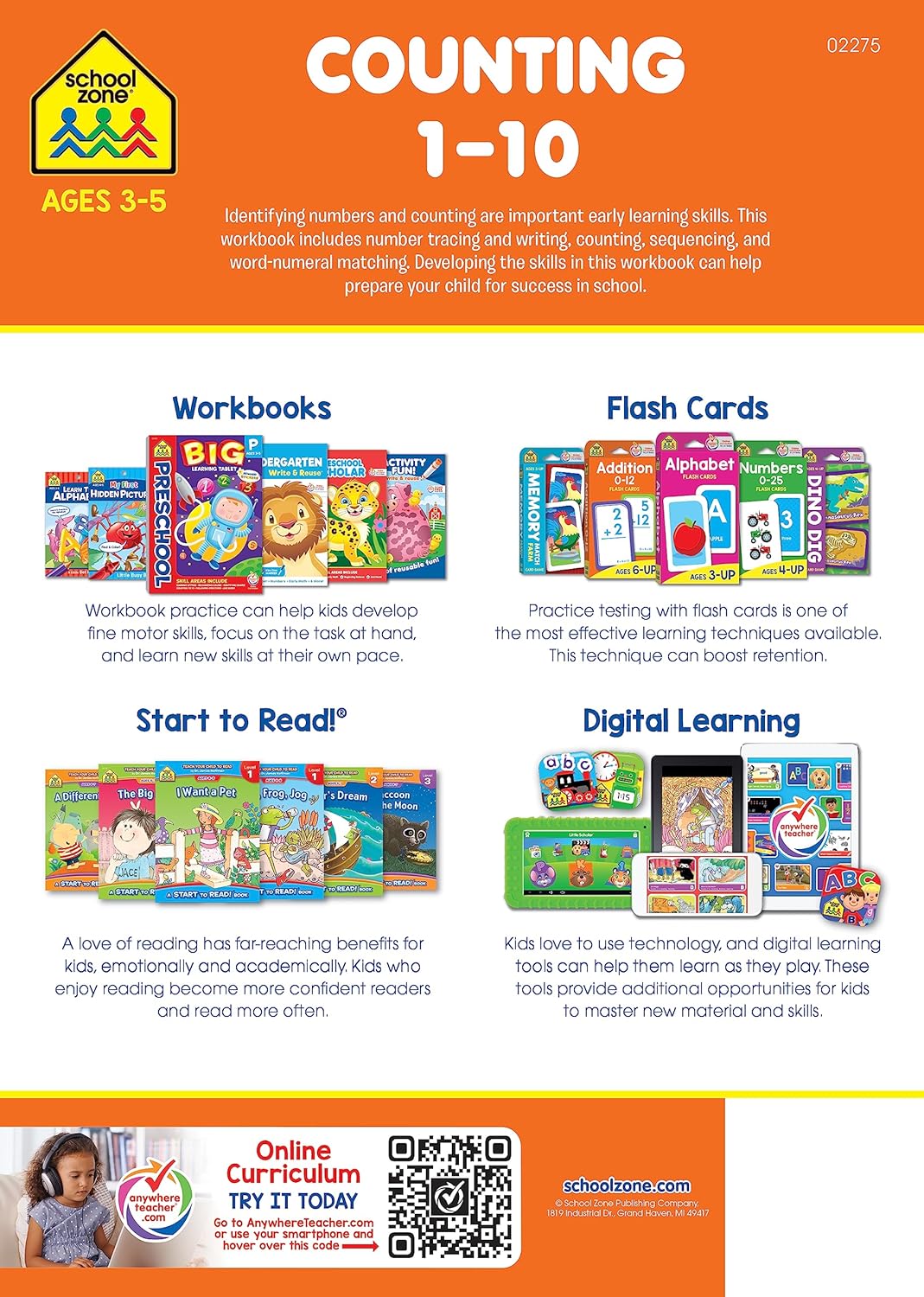 School Zone Counting 1-10 Workbook: 64 Pages, Preschool, Kindergarten, Tracing Numbers, Writing Numbers, Sequencing, Ages 3 to 5 (Get Ready! Book Series)