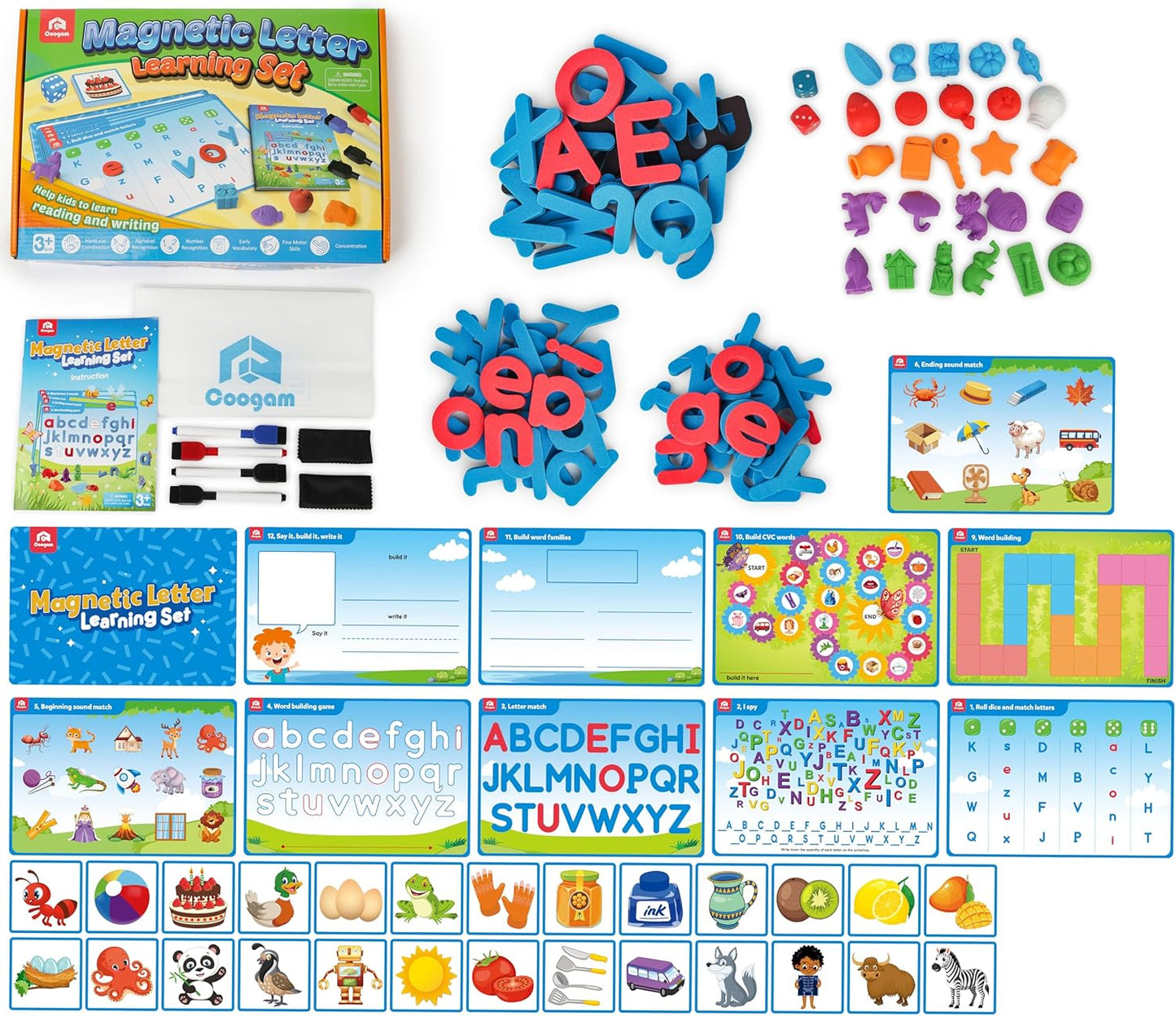 Coogam Preschool Alphabet Learning Activities, Magnetic EVA Letters Matching & Handwriting Game, Educational ABC Recognition with 6 Pattern Cards, Phonic Manipulatives Toys for Kids Age 3+