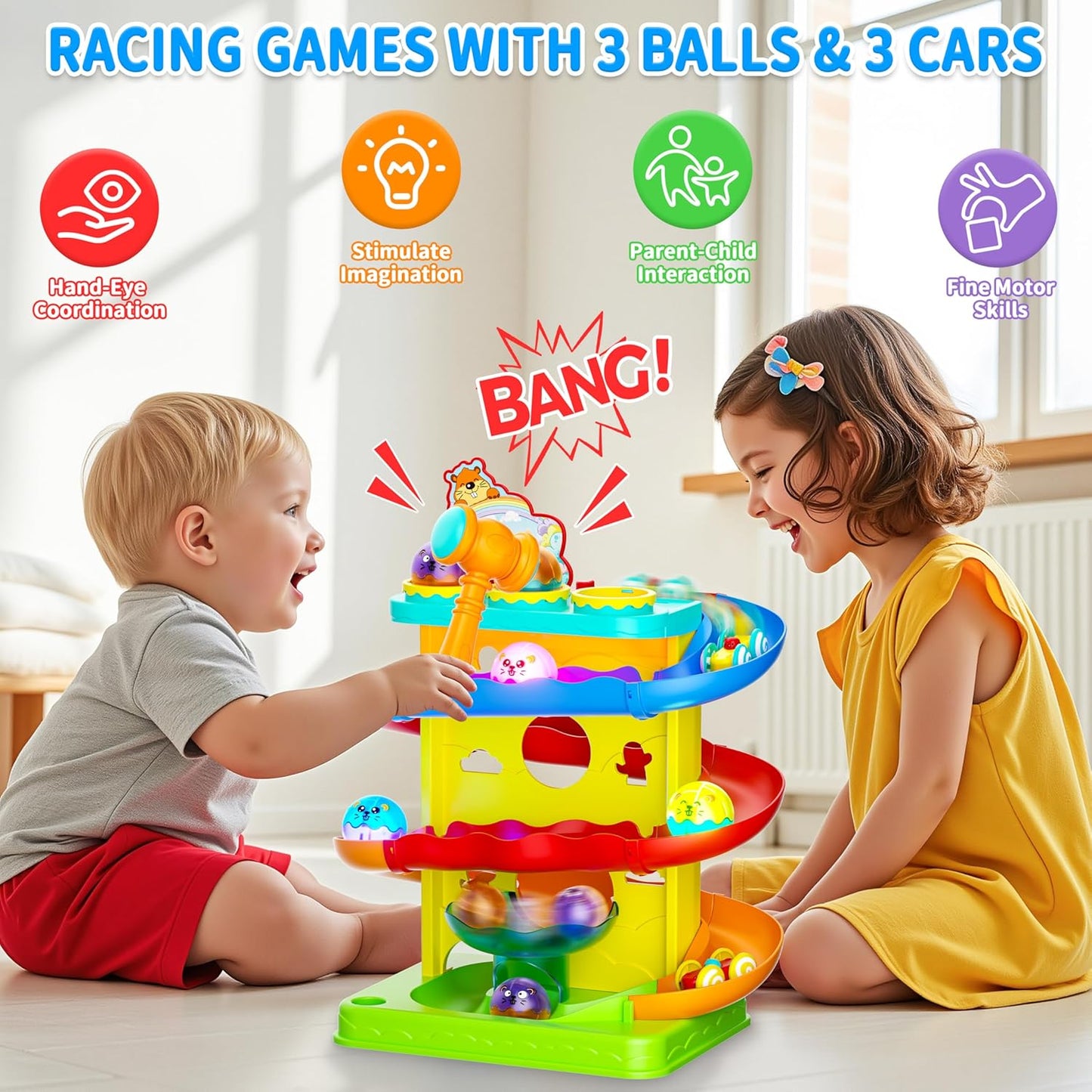 Funwee 2-in-1 Light Up Rolling Ball & Racing Car Ramp Toddler Toy, Race Track Hammer Ball Drop Toys, Interactive Montessori Learning Game for Kids 1-5+ Year Old Girl Boy Gift(Pink)