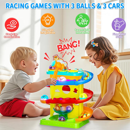 Funwee 2-in-1 Light Up Rolling Ball & Racing Car Ramp Toddler Toy, Race Track Hammer Ball Drop Toys, Interactive Montessori Learning Game for Kids 1-5+ Year Old Girl Boy Gift(Pink)