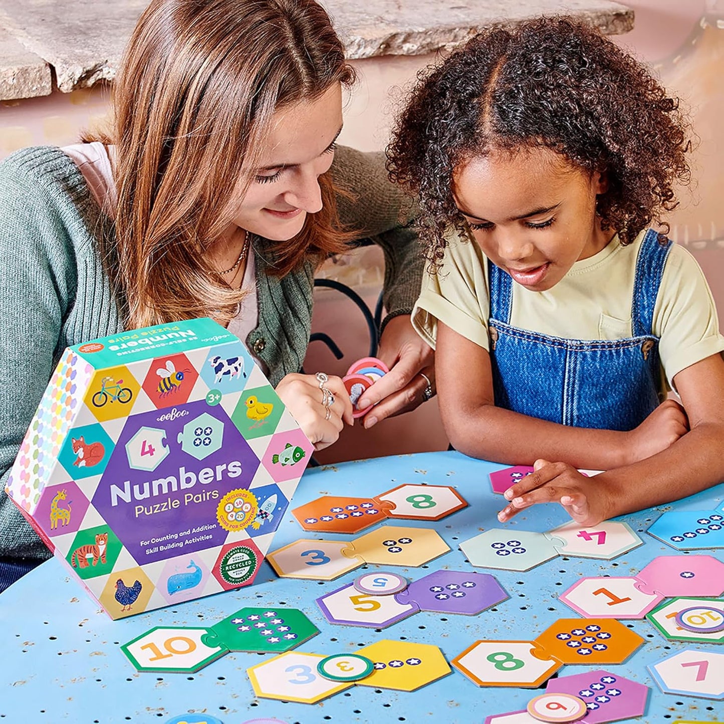 eeBoo Hexagon Puzzle Pairs - Rhyming Words, 33 Self-Correcting Pairs, Match Sounds to Images, Pre-Reading Activity for Preschool Kids Ages 3 and up