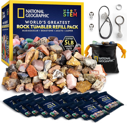 National Geographic Rock Tumbler Refill Kit - 5 lb. Mix of Rocks for Tumbling and Rough Gemstones - Rock Tumbler Supplies Include Rock Tumbler Grit and Polish Refill, and Unpolished Rocks