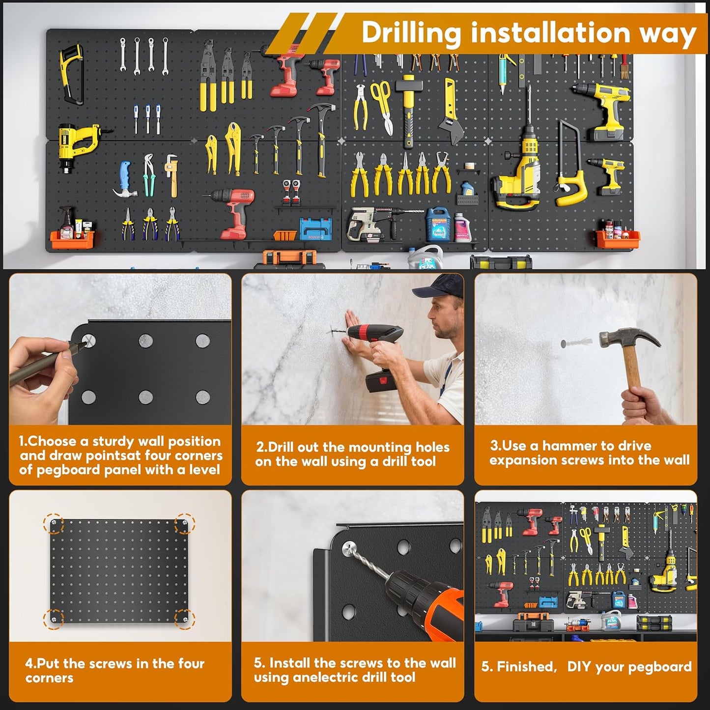 Peg Board, 112PCS Heavy Duty Metal Pegboard with Hooks, 6 Pack Black Peg Board Panels, 60lbs Load Capacity Each, Pegboard Wall Organizer for Garage, Workshop, Kitchen, Craft Rooms