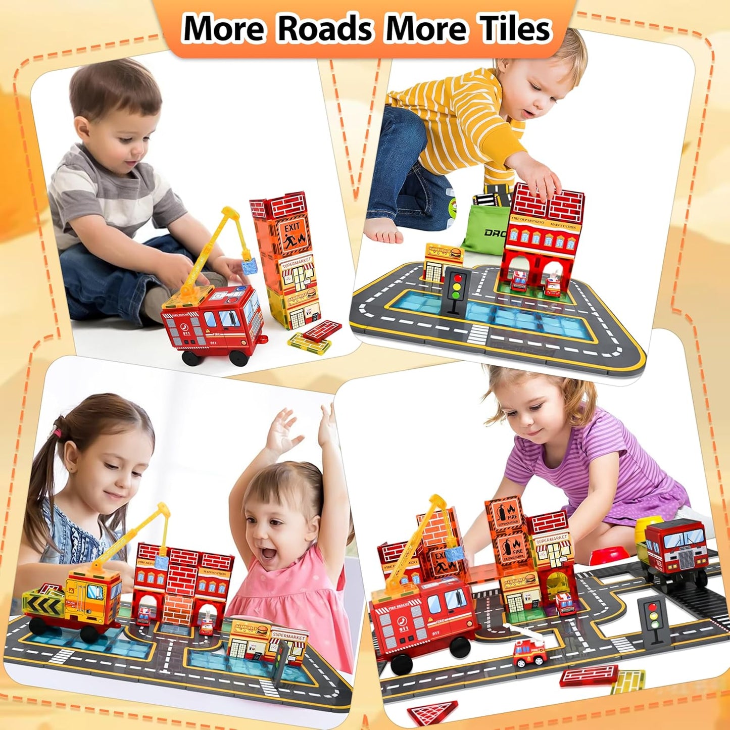 Drofex 42pcs Magnetic Tiles Road, Magnetic Building Blocks City Construction Toys for 3+Year Old Boys Girls, Kids Montessori Toys for Toddler, STEM Learning Gifts