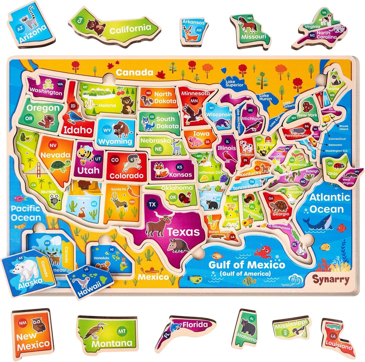 SYNARRY Large USA World Wooden Puzzles for Kids Ages 4-6, Learning United States World Maps Puzles for Kids Ages 6-8, Wood Jigsaw Puzzles Educational Games Toys Gifts for Boys Girls Ages 3-8