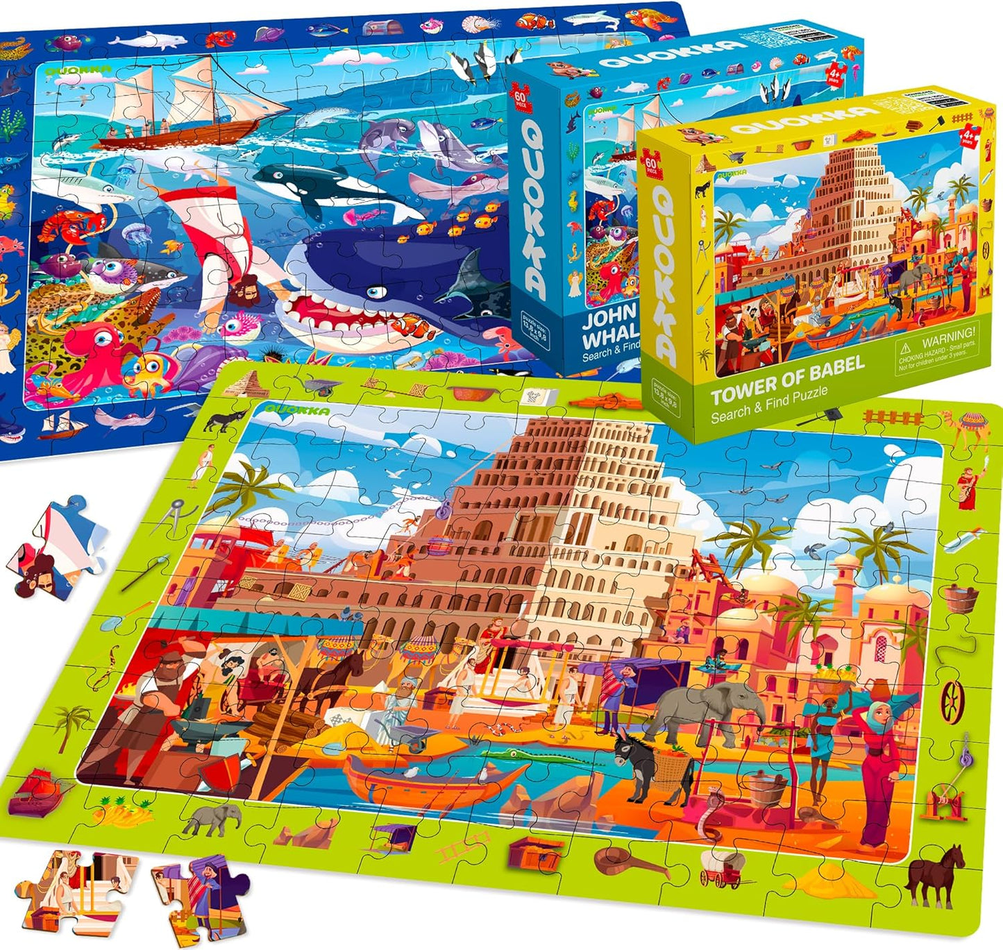 QUOKKA Puzzles for Kids Ages 4-6 - Toddler Puzzles Ages 3-5 - 4-Pack 60 Piece Search and Find Animals Jigsaw Puzzle 6-8 - Learning Toys for 3 Year Old Boys and Girls - Educational Games Gift
