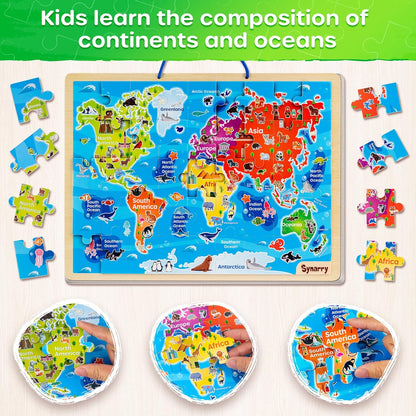 SYNARRY Large USA World Wooden Puzzles for Kids Ages 4-6, Learning United States World Maps Puzles for Kids Ages 6-8, Wood Jigsaw Puzzles Educational Games Toys Gifts for Boys Girls Ages 3-8