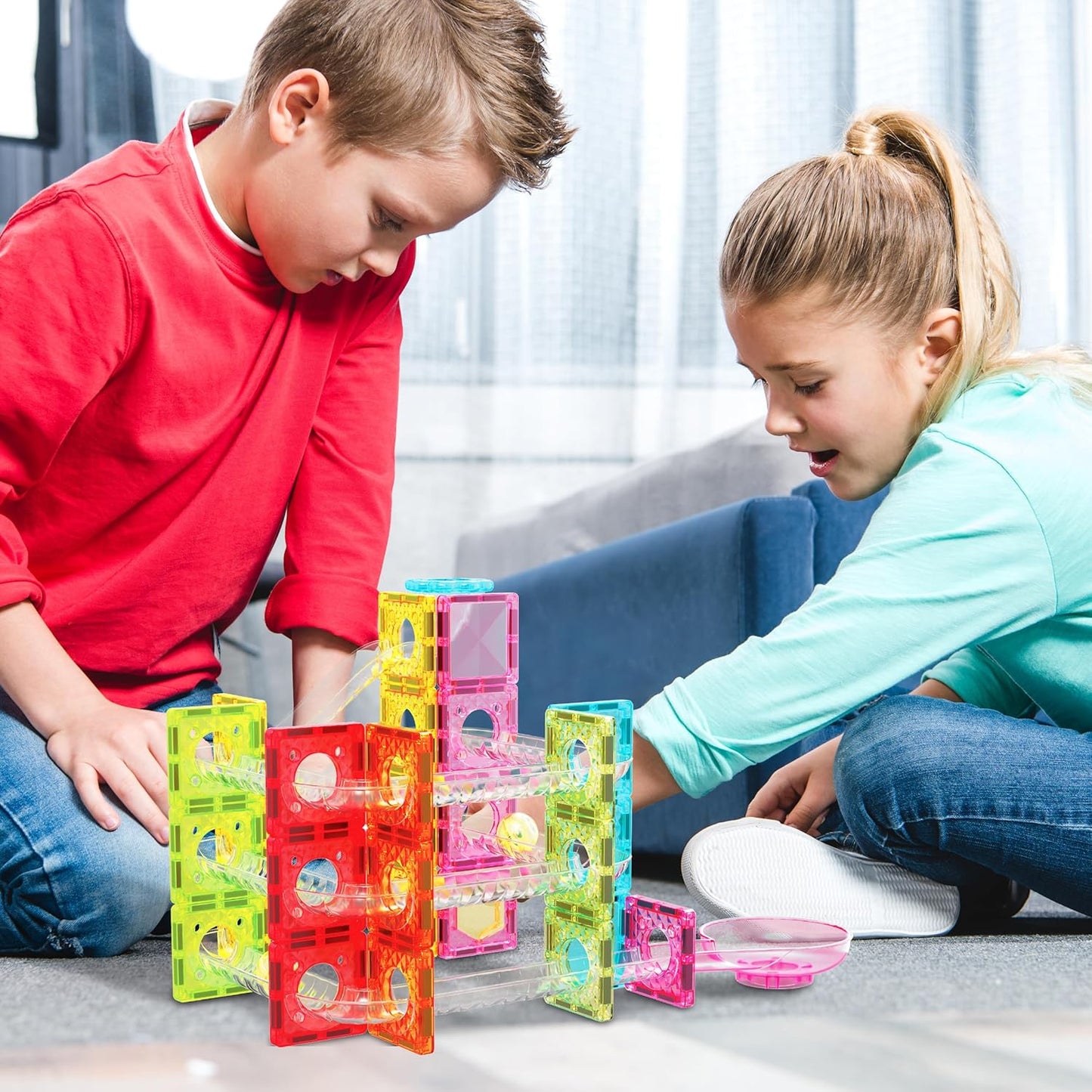 PicassoTiles Marble Run 60 Piece Race Track Magnetic Tiles Magnet Building Block Educational Construction Toy Set Playset STEM Learning Kit Child Brain Development HandEye Coordination Training PTG60