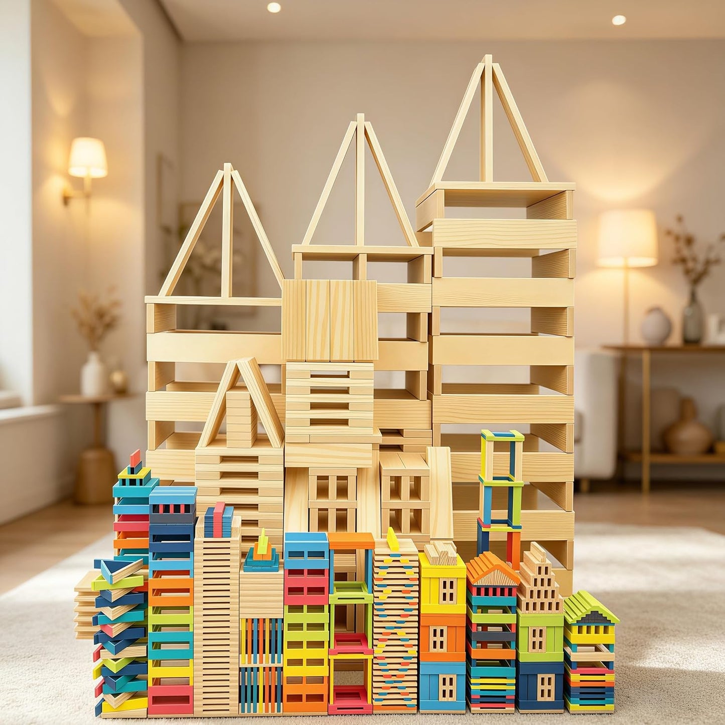 Premium 300 Pcs Natural Wooden Building Blocks for Kids Ages 3-12,Pine STEM Construction Toy - Open-Ended Classic Building Blocks Set for Castles, Bridges & Towers, Educational Learning Gift (4.7 in)