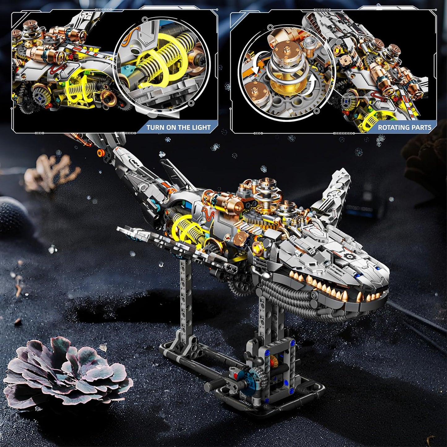 1085-PCS Mechanical Piranhas Fish Building Set with LED Light, Movable Linkage Gears, Display Stand,Mechanical Fish