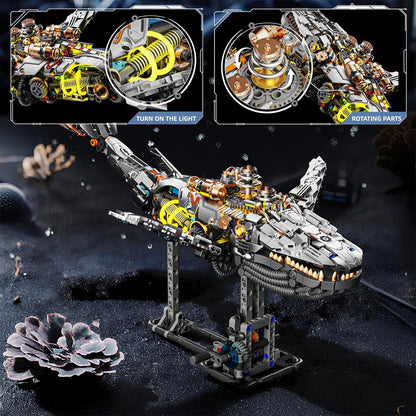 1085-PCS Mechanical Piranhas Fish Building Set with LED Light, Movable Linkage Gears, Display Stand,Mechanical Fish