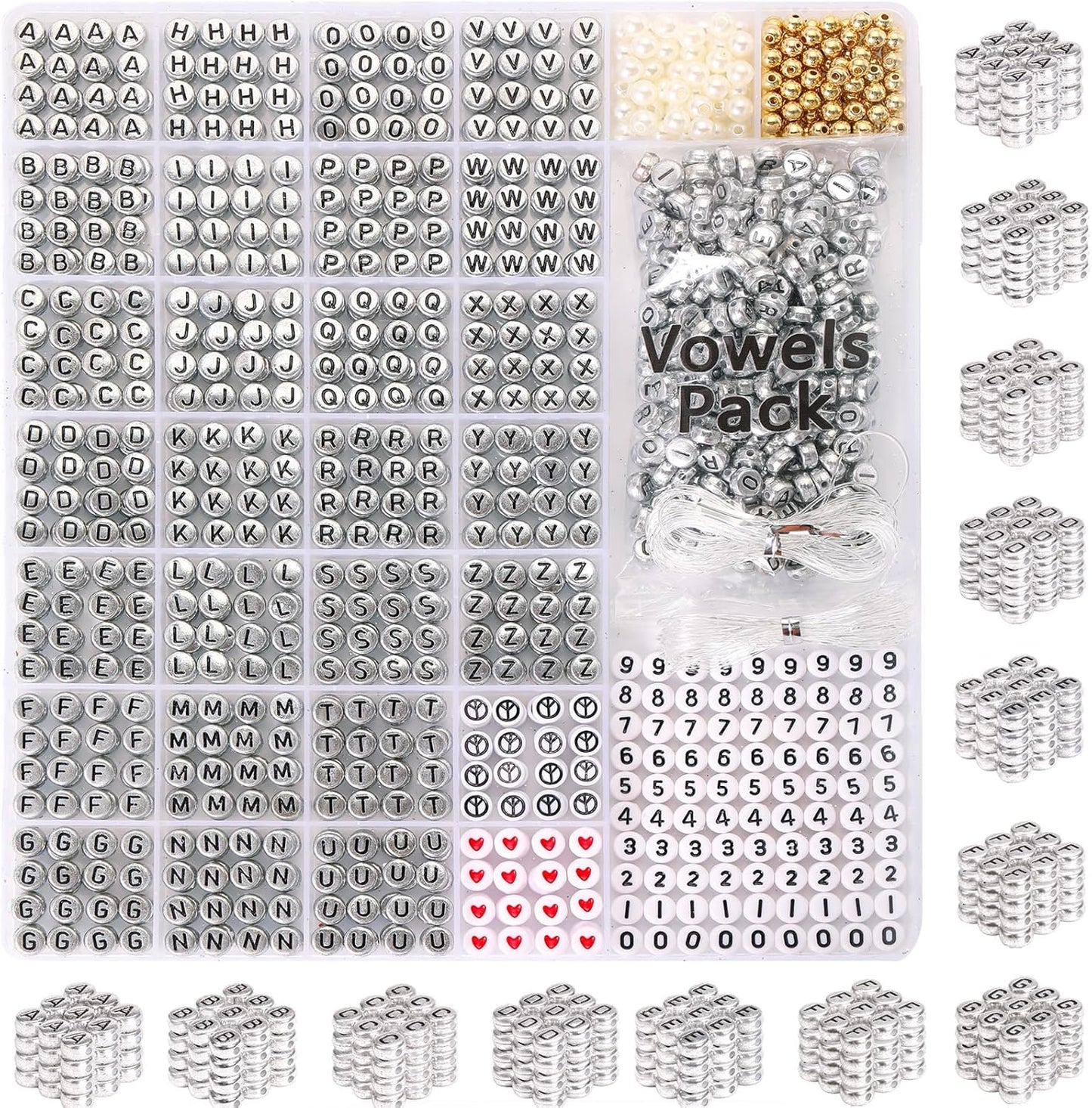 DoDoBeads 1270 Pcs Letter Beads Kit, White and Colorful Square Acrylic Alphabet Beads with Extra Vowels, Numbers & Spacers, Perfect for Friendship Bracelets