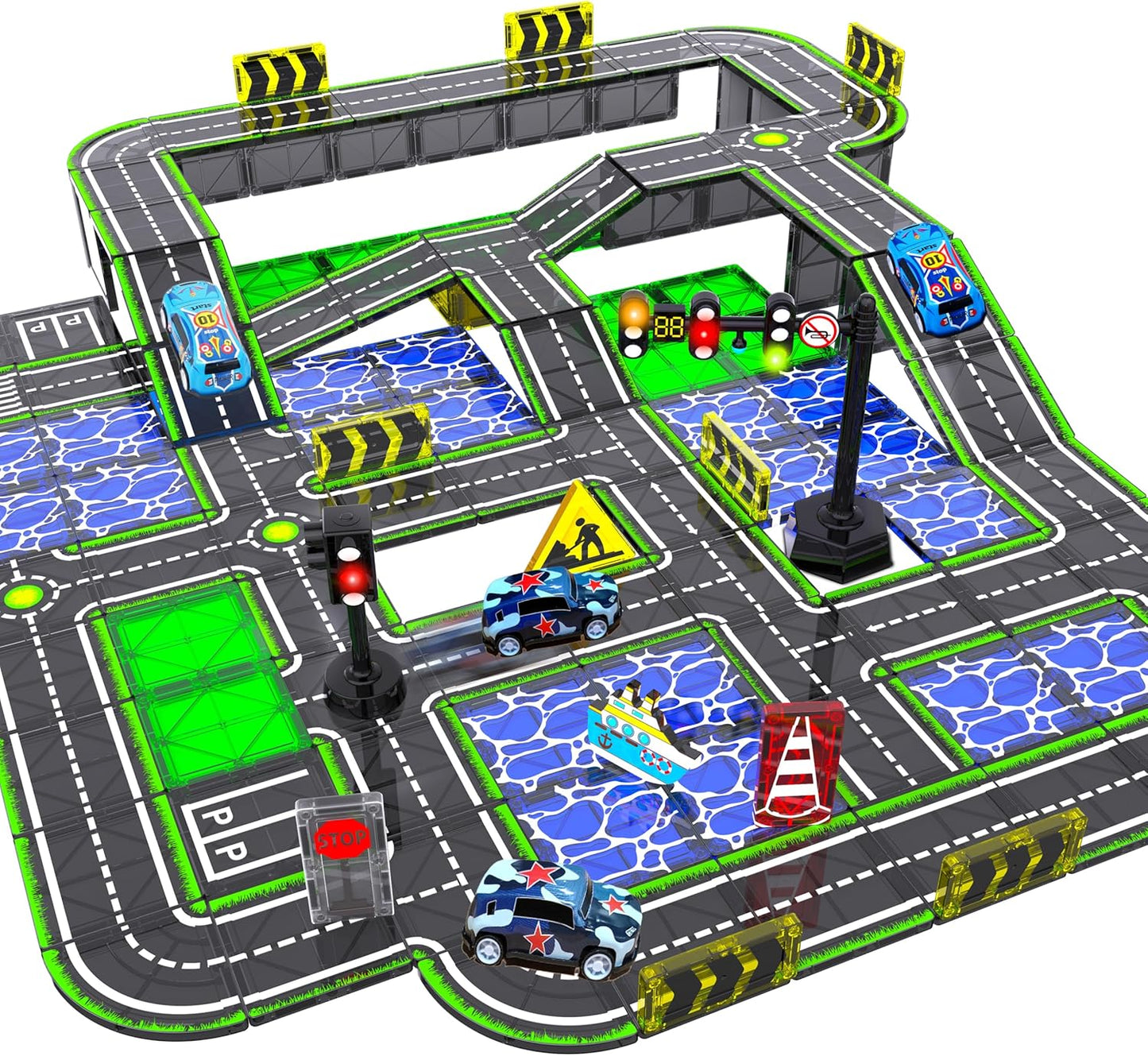 Magnetic Tiles,121PCS Magnet Tiles Road Set with Pullback Cars for 3+ year old Boys,Magnetic Toys for Kids Ages 4-8 with Ship,Airplane,Traffic Sign,STEM Classroom Educational Birthday Gifts Toys