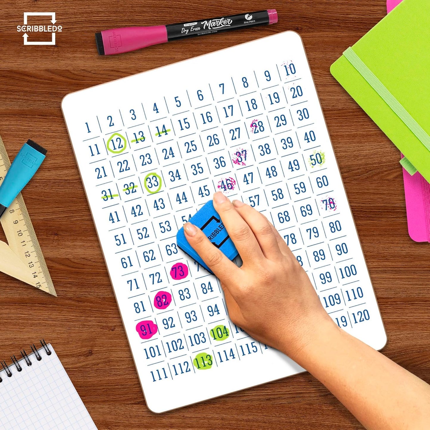 SCRIBBLEDO Dry Erase Number Chart 9”x12” White Board Teacher Student 100 Chart for First Grade Classroom Kid Small Math Practice Whiteboard Kindergarten 1st Grade School Supplies
