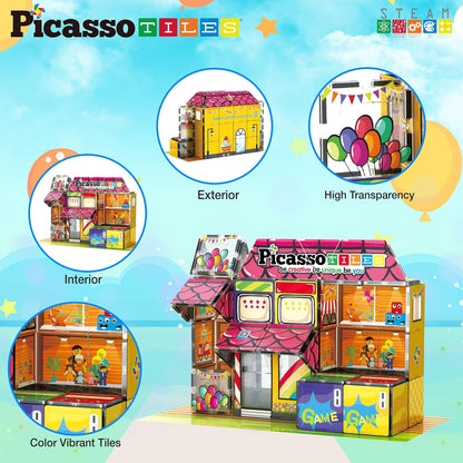 PicassoTiles 60pc Magnetic Tile Princess Castle Building Set with Double Sided Printed Tiles 2 Character Figures STEM Educational Toy Kit for Kids Pretend Play Montessori Learning Ages 3 to 8 PTQ04