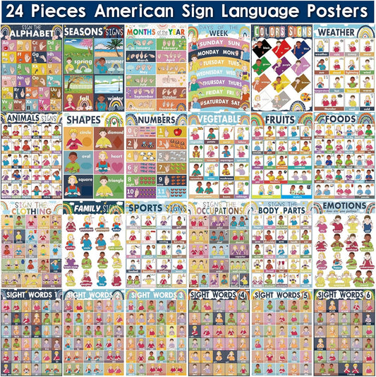 YIYDONG 24 Boho American Sign Language Posters for Kids, Babies & Toddlers, ABC ASL Flash Cards, Classroom Decor