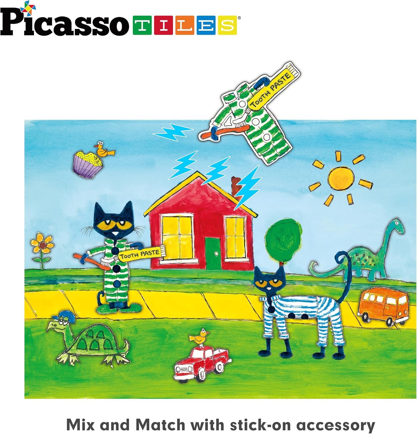 PicassoTiles Magnetic Tiles Pete the Cat Home Theme Building Blocks Double Sided Printing Toddler Magnet Toys Education STEM Learning Kit Construction Brain Development Preschool Kid Game Boy Girl 3+
