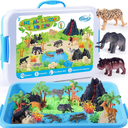 Billeeit Animal Sensory Bin Sand Toy, Play Sand Kit w/lid and 2.2lbs Moldable Sensory Sand, Molds, Tools, Map Set 30+pcs Total, Fun Gifts for Kids 3+