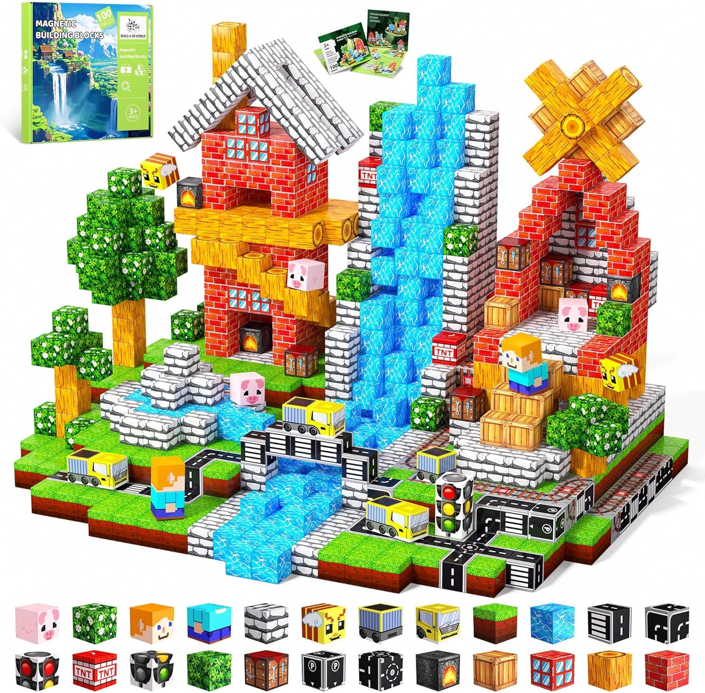 Magnetic Blocks Toys for Kids, 100 PCS Building Blocks Cubes, Stacking Magnetic Tiles Toys for Kids Toddlers Boys Girls Ages 3 4 5 6 7 8-12 Birthday Gifts Party Supplies (Underworld)