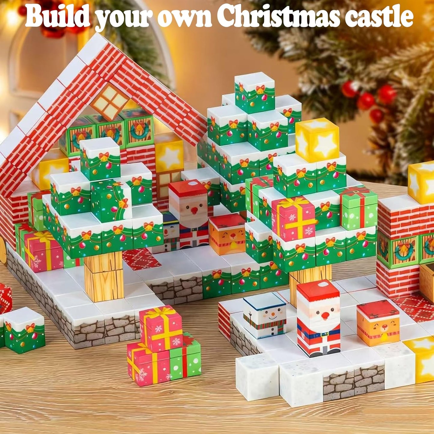 Magnetic Blocks,100 PCS Build Magnetic Santa Chimney Xmas Tree Gift World, STEM Construction Magnetic Cube for Boys Girls Age 3 4 5 6 7 8 9 10,Sensory Stacking Toy Christmas Birthday Gifts for Kids