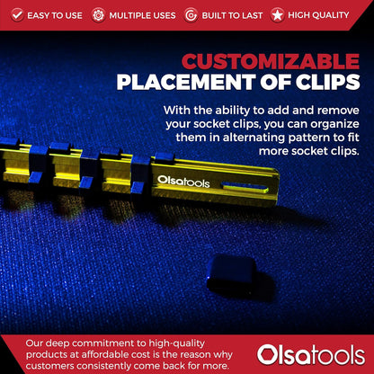 Olsa Tools Aluminum Socket Organizer, 3pc Set - Yellow Socket Holder Kit 1/2-Inch, 3/8-Inch, and 1/4-Inch Drive - Holds 58 Chrome or Impact Sockets - Professional Grade Socket Rails - Part: 1110