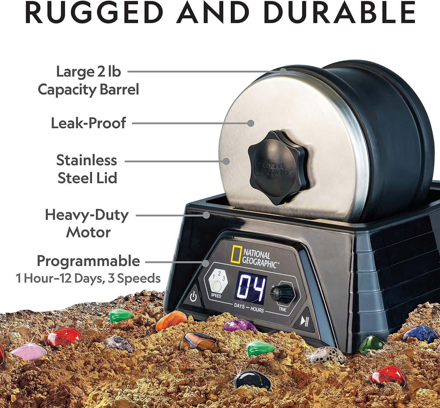 National Geographic Professional Rock Tumbler Kit – Extra Large 2 Lb. Barrel with 3-Speed Motor & 9-Day Timer – Geology DIY Kits for Adults, Rock Collection Hobby, Great Educational STEM Science Kit