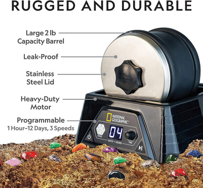 National Geographic Professional Rock Tumbler Kit – Extra Large 2 Lb. Barrel with 3-Speed Motor & 9-Day Timer – Geology DIY Kits for Adults, Rock Collection Hobby, Great Educational STEM Science Kit