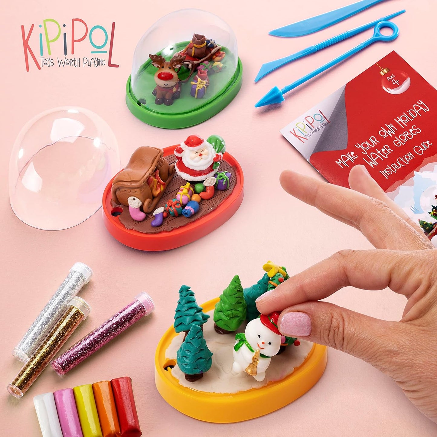Kipipol Make Your Own Holiday Water Globe Kit – 3X DIY Snow Globe Making Kit w/ 3 Figures, 10 Packs of Modeling Clay for Sculpting, Crafts for Girls Ages 4-6, Arts and Crafts for Kids Ages 4-6-8-12