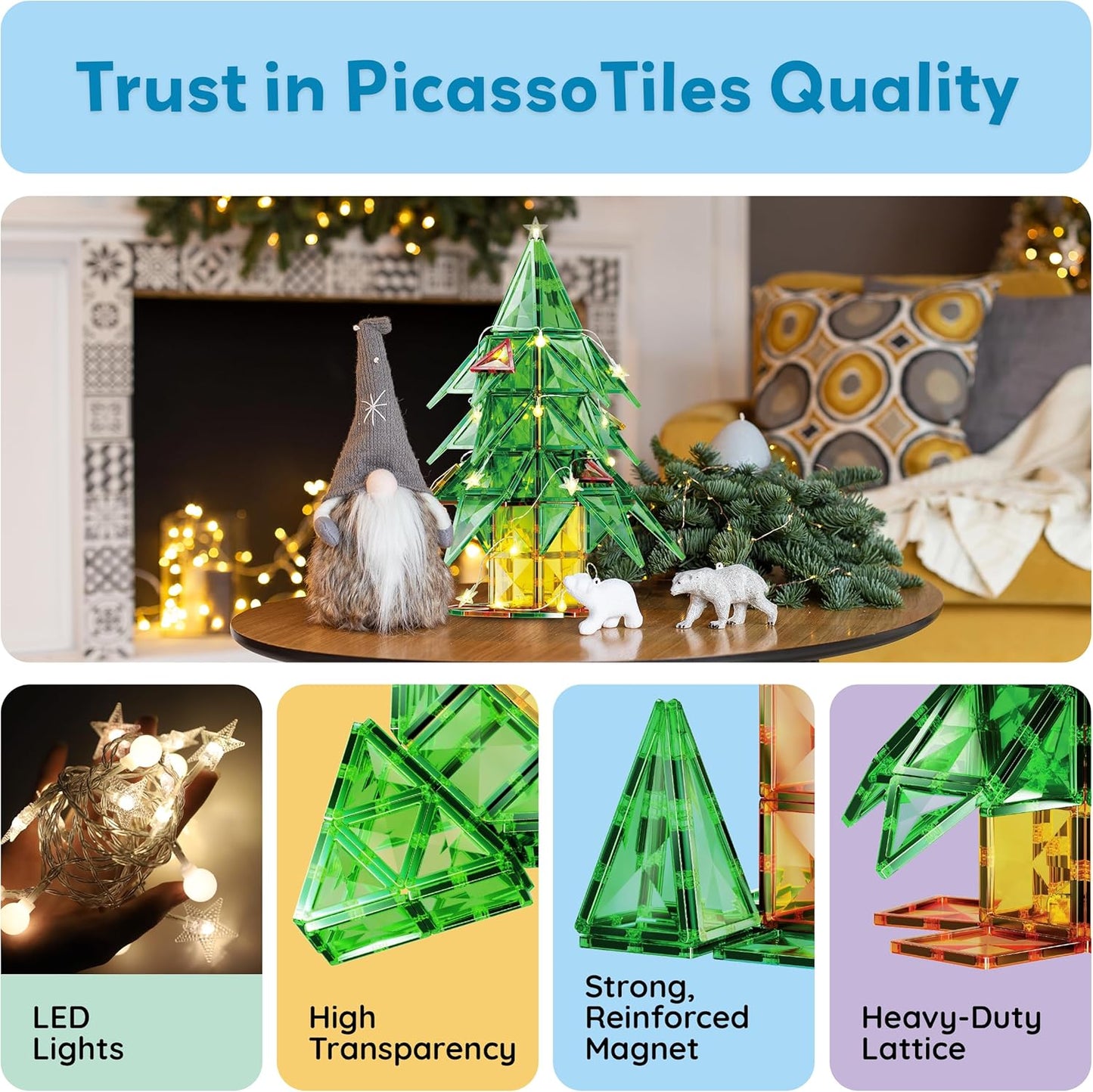 PicassoTiles Magnetic Tile Christmas Holidays Cottage Building Set with Santa Elves Nutcracker 6 Character Figures STEM Educational Construction Toy Winter Magnet Block Gift for Kids Age 3 Plus PTQ08