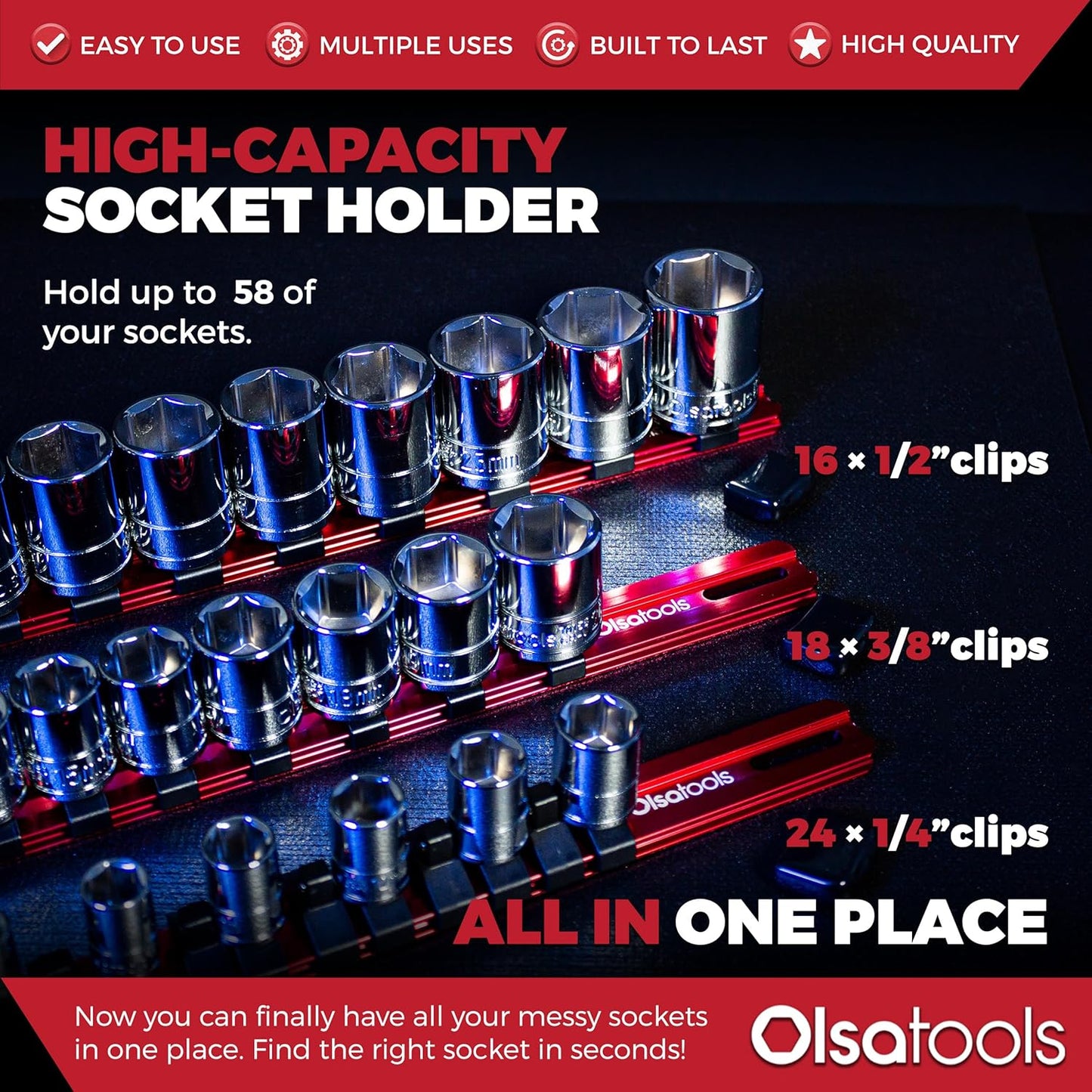 Olsa Tools Aluminum Socket Organizer, 3pc Set - Yellow Socket Holder Kit 1/2-Inch, 3/8-Inch, and 1/4-Inch Drive - Holds 58 Chrome or Impact Sockets - Professional Grade Socket Rails - Part: 1110