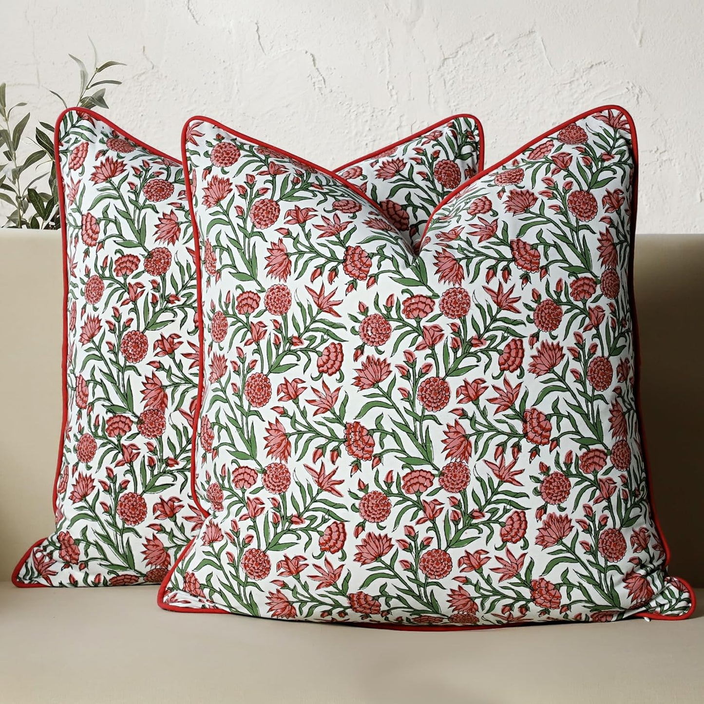 CPC 100% Cotton Throw Pillow Covers 18x18 Inch, Set of 2 Green Block Print Pattern Couch Pillow, Cute Boho Decorative Pillows for Living Room, Bedroom with Hidden Zipper- Agate Green