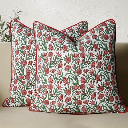 CPC 100% Cotton Throw Pillow Covers 18x18 Inch, Set of 2 Green Block Print Pattern Couch Pillow, Cute Boho Decorative Pillows for Living Room, Bedroom with Hidden Zipper- Agate Green