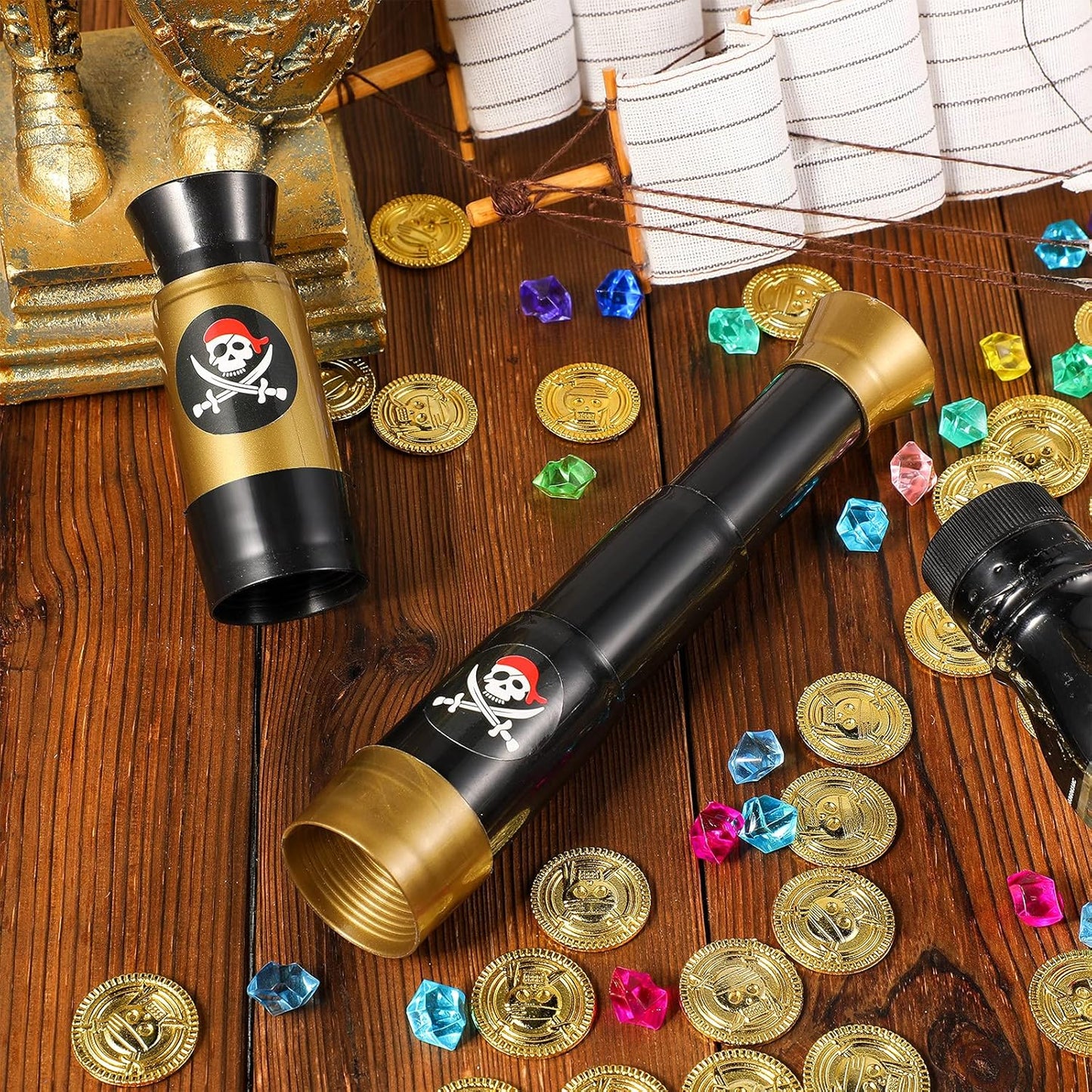 2 Pieces Plastic Pirate Telescope Toy Portable Adjustable Mini Retro Telescope Mini Plastic Pirate Captain Monocular Telescopes Toy for Party Favor Supplies, Bronze and Black