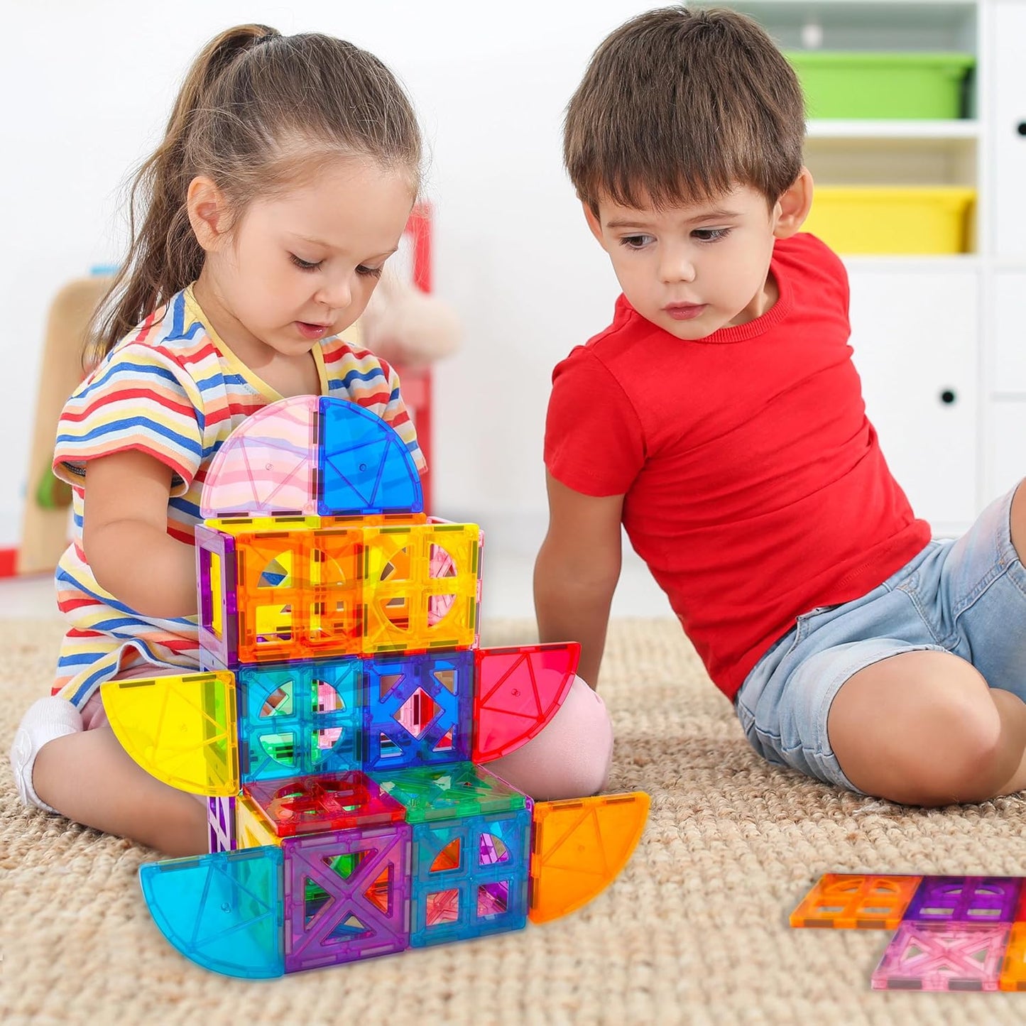PicassoTiles 42pcs Magnetic Tiles Magnet Blocks See-Through Shape STEM Toys Building Block Educational Playset Compatible with Major Brand Tile -Starter Set for Boys and Girls Toddlers Ages 3+ PT42