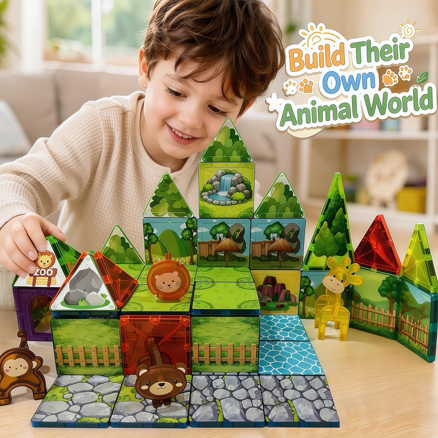 LATI Magnetic Tiles Dinosaur Building Set, Dino World Magnet Blocks with Double-Sided Egg Hatch Story, STEM Construction Toy for Kids Ages 3+, Educational Gift for Boys & Girls
