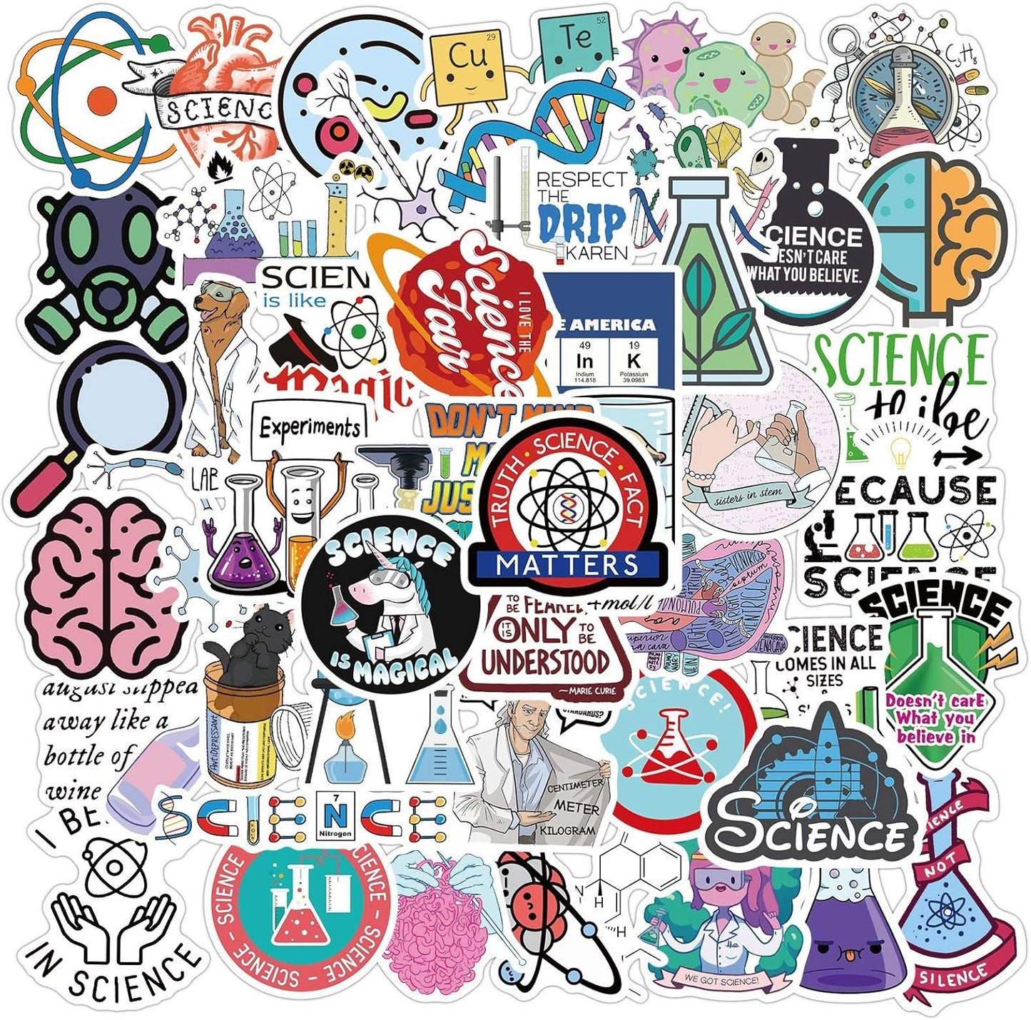 Science Laboratory Stickers, 50pcs Funny Science Laboratory Decals for Kids Teens, Physics Biology Chemistry Experiment Sticker, Waterproof Vinyl Stickers for Water Bottle Laptop Luggage Guitar