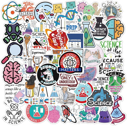 Science Laboratory Stickers, 50pcs Funny Science Laboratory Decals for Kids Teens, Physics Biology Chemistry Experiment Sticker, Waterproof Vinyl Stickers for Water Bottle Laptop Luggage Guitar