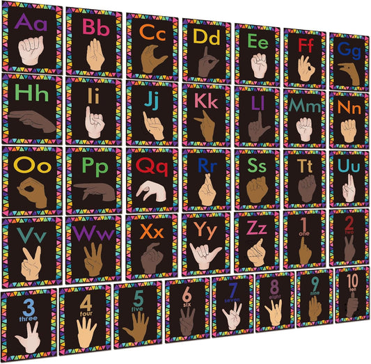 Sign Language Bulletin Board Letters - 36 ASL Alphabet Learning ABC Alphabet Poster Classroom Decor Cards Set Kindergarten/Primary School Classroom Wall Decor Daycare/Homeschool Supplies (Colorful)