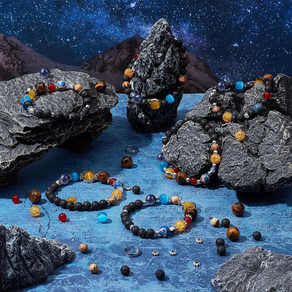 SUNNYCLUE 1 Box 300+Pcs DIY 10 Sets Solar System Bracelets Kit Universe Galaxy The Nine Guardian Planets Bracelet Necklace Tiger Eye Bead Natural Gemstone Beads for Jewelry Making Kits Craft