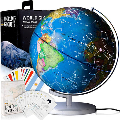 SMART WALLABY 9" Illuminated Educational Kids World Globe + STEM Flags & Countries Interactive Card Game. 3 in 1 Children Desktop Spinning Earth Political & Constellation Maps, LED Night Light Lamp