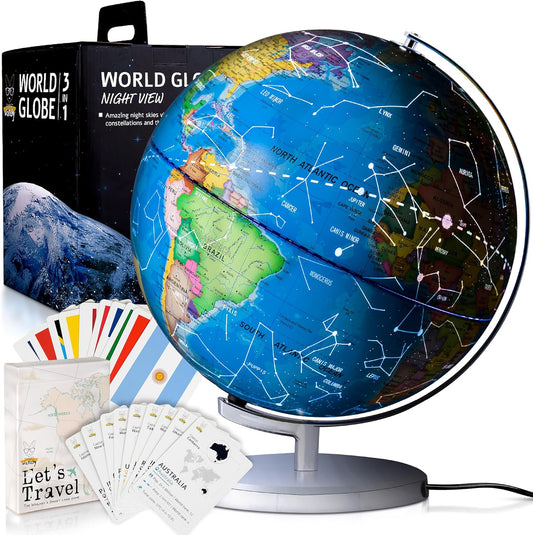 SMART WALLABY 9" Illuminated Educational Kids World Globe + STEM Flags & Countries Interactive Card Game. 3 in 1 Children Desktop Spinning Earth Political & Constellation Maps, LED Night Light Lamp