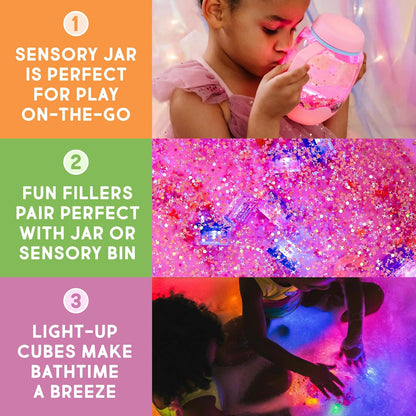 Glo Pals Water Activated Light-Up Sensory Bath Toy Play Jar, 4 Reusable Cubes and Fun Fillers for Bathtime and Sensory Play, Perfect for Kids and Toddlers, Easy As ABC