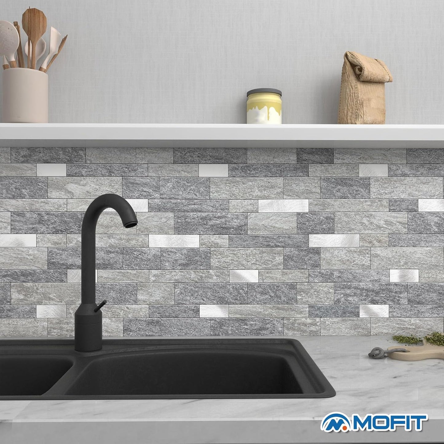 MOFIT Backsplash Tile for Kitchen Peel and Stick Stone Matte Finish,Bathroom Tiles Stickers 3D Wall Panel Linear Mosaic Marble Backsplash Waterproof(5sheets,Blue Green Gray)