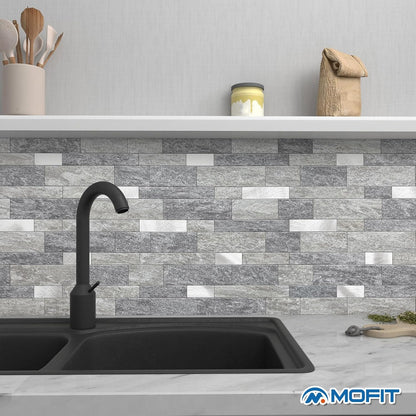 MOFIT Backsplash Tile for Kitchen Peel and Stick Stone Matte Finish,Bathroom Tiles Stickers 3D Wall Panel Linear Mosaic Marble Backsplash Waterproof(5sheets,Blue Green Gray)