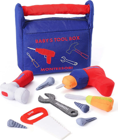 Jollybaby Soft Kid Tool Box Set Toy Inclub Drill Hammer Saw Wrench Screwdriver Screw for Baby, Montessori Preschool Educational Learning Construction Toys for Boy Birthday Gift - RED