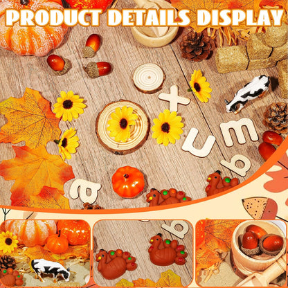 Hiawbon Thanksgiving Sensory Bin Kits, Fall Sensory Bin Fillers, Maple Leaves Pumpkins Pine Cones Sensory Box for Thanksgiving Fall Decor Birthday