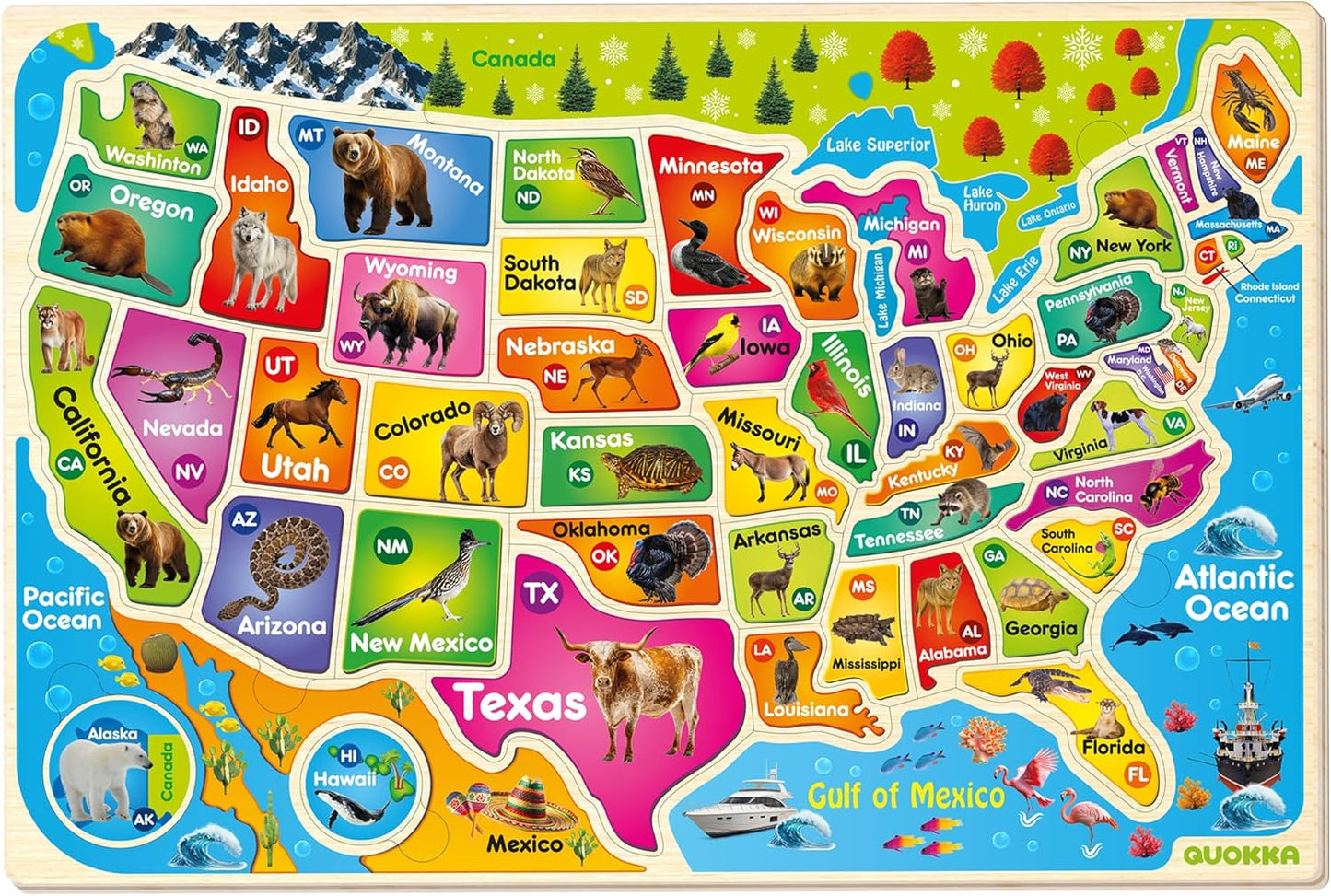 QUOKKA Puzzles for Kids Ages 4-6 - Realistic USA Map Wooden Puzzles for Toddlers 3-5 - Montessori Wood Educational Toys for 2-4 Years Old - United States Geography Learning Games for Kids 6-8