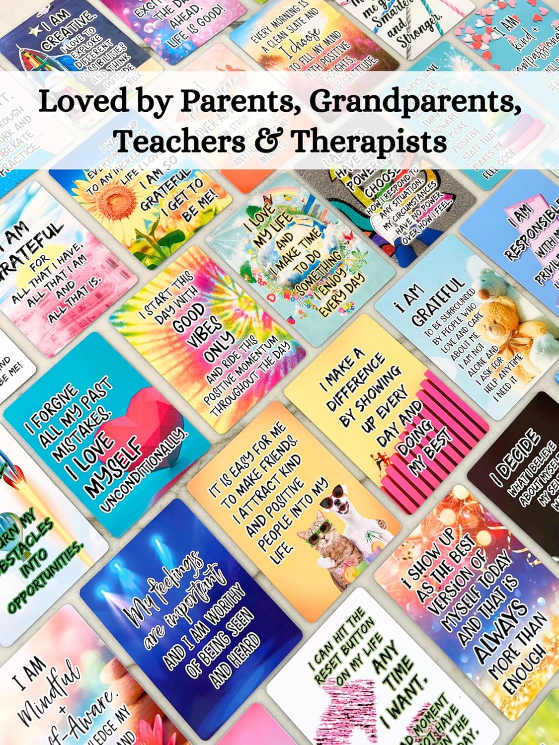Positive Affirmation Cards for Kids and Teens - 54 Affirmations, 150+ Inspirational Questions with Storage Box - Inspire confidence and Positive attitude - Self Care Kit & Mindfulness Gift